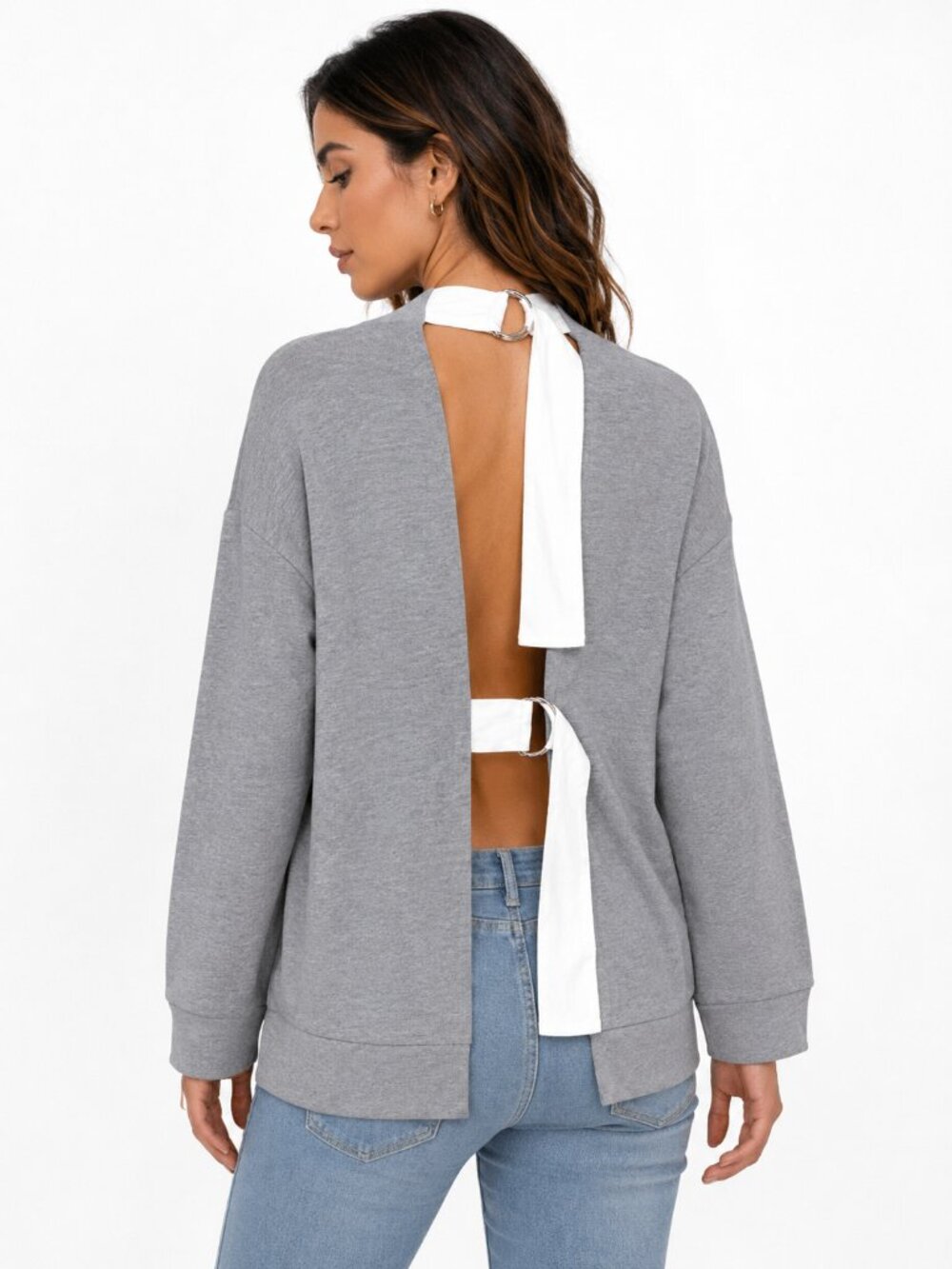 Errant Open Back Sweatshirt Womens Size M Gray Long Sleeve D-Ring Tie New $108